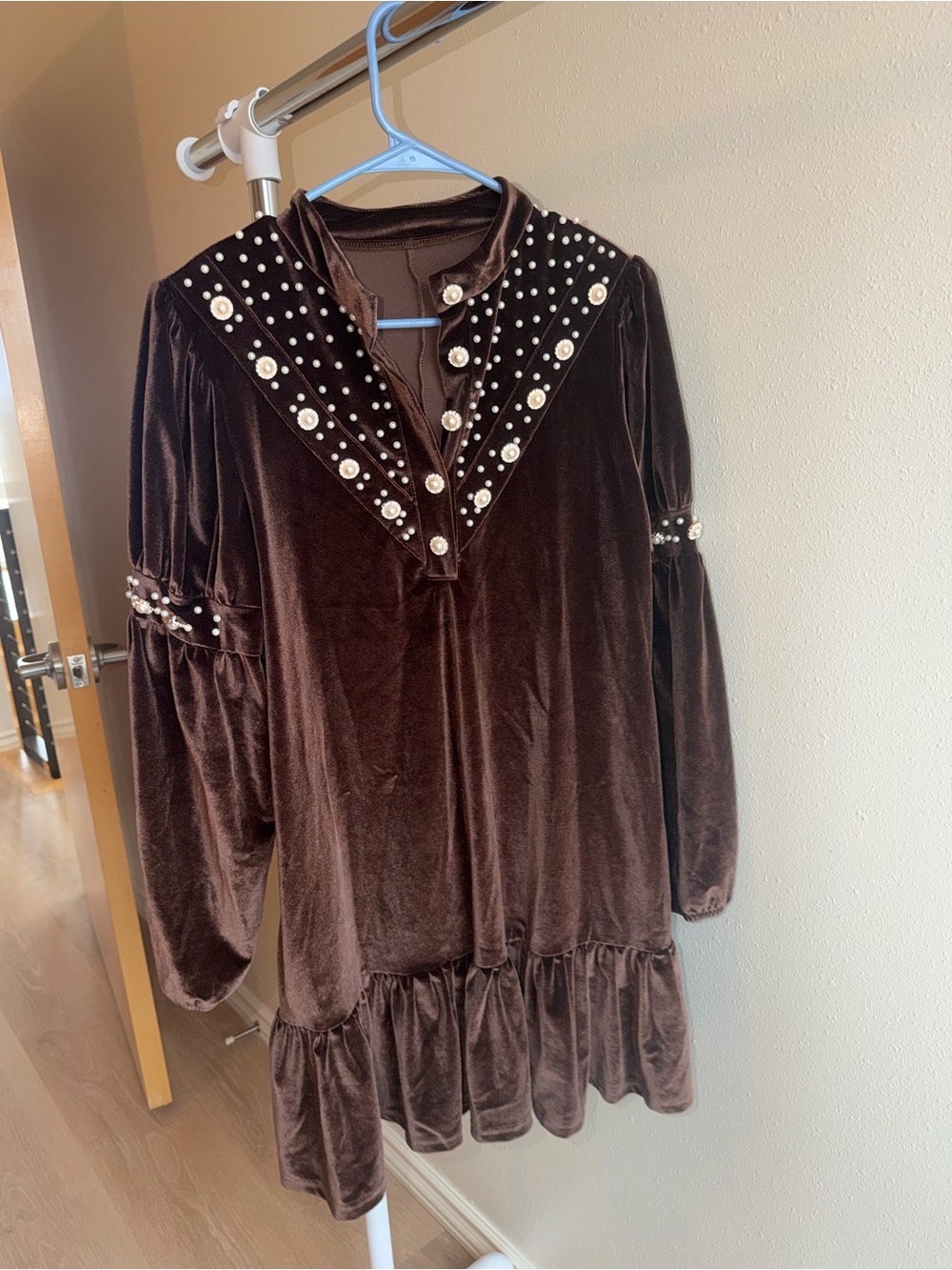 Women’s Velvet Brown Pearl-Trim Dress